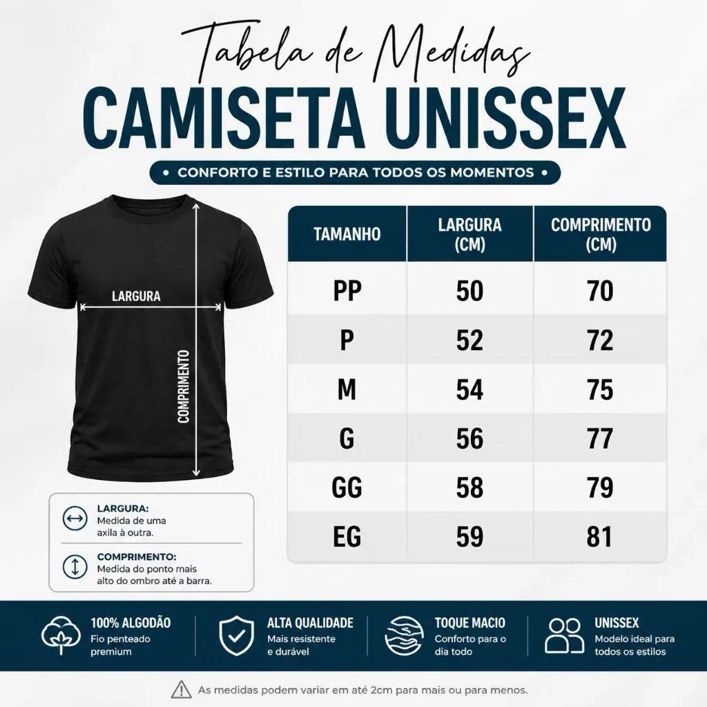 Tabela de medidas camiseta unissex